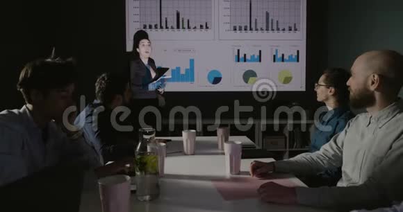 业务团队分析投影仪投影大屏幕上的图形数据视频的预览图