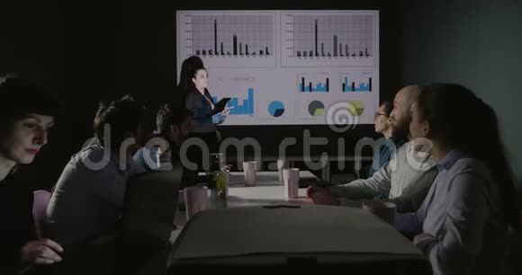 女商人在办公室用投影仪展示图形数据视频的预览图