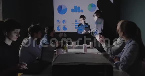 女性高管谈话和使用互动屏幕显示增长数据在办公室视频的预览图