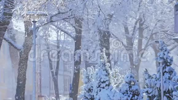 冬天明亮的背景有雪堆的圣诞城市景观视频的预览图