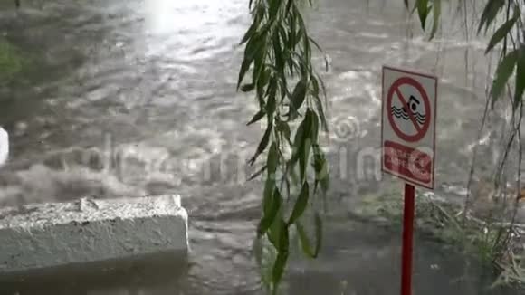 禁止游泳警告标志站在汹涌的水流附近下雨的时候一股脏水视频的预览图