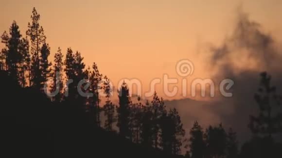 傍晚的景色云在群山中升起树木丛生视频的预览图