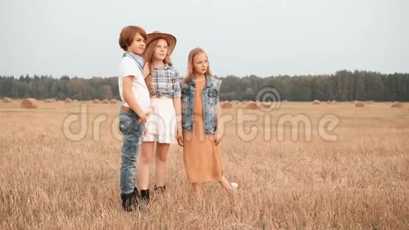 青少年朋友站在干草堆背景下的乡间田野上两个男孩和两个女孩在视频的预览图