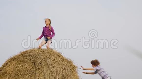无忧无虑的青少年在乡村田野的干草堆上玩耍快乐的女孩在收获的干草堆上跳舞视频的预览图