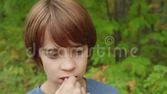 暑期公园的肖像思考少年男孩帅哥少年在户外嚼口香糖年轻男孩的脸视频的预览图