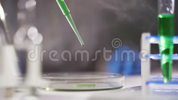 女性医学研究科学家在培养皿中加入吸管将有色液体滴入培养皿中进行科学研究视频的预览图