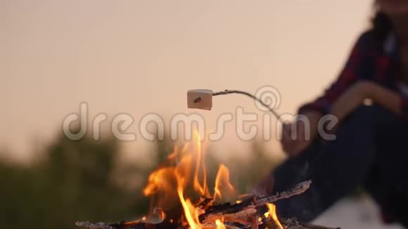 旅游妇女露营附近的篝火户外自然视频的预览图