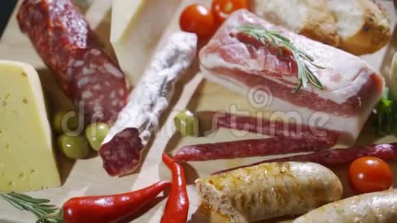 奶酪和肉类的选择意大利火腿意大利奶酪橄榄和西红柿在木板上视频的预览图
