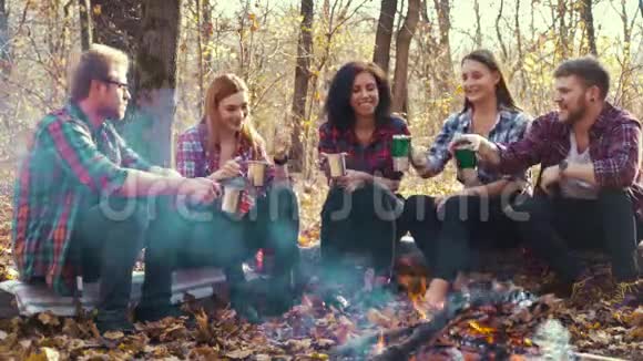 在秋天的森林里年轻的徒步旅行者在篝火旁品尝热杯视频的预览图