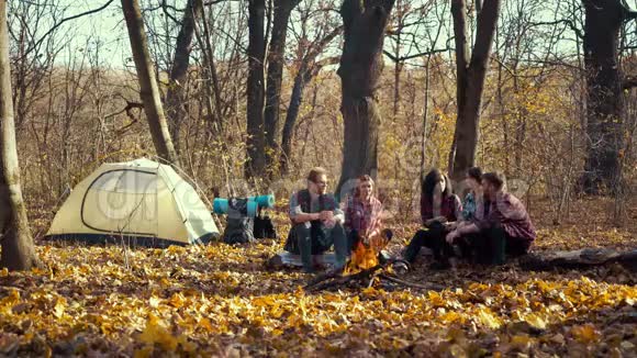 年轻的露营者在秋林篝火旁交谈视频的预览图