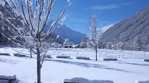 奇妙的时光流逝空中无人机飞越白雪覆盖的松树冬林舒适的房子阿尔卑斯山的山景视频的预览图