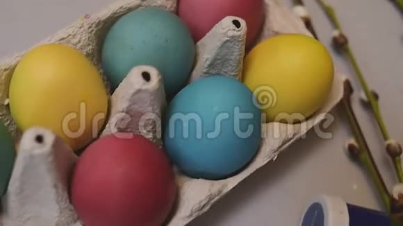 复活节我们用染料涂蛋海豹多色蛋复活节的美丽背景假日物品布置视频的预览图