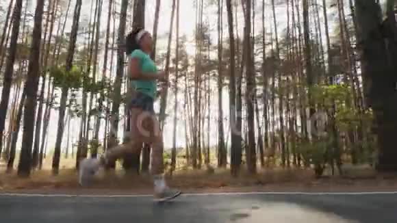 运动女孩在松树林里沿着马路跑视频的预览图