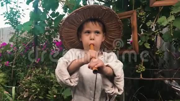 可爱有趣的小男孩穿着棉质的乡村服装和草帽在木制的锡纸上玩耍试图吹笛子的男孩子视频的预览图