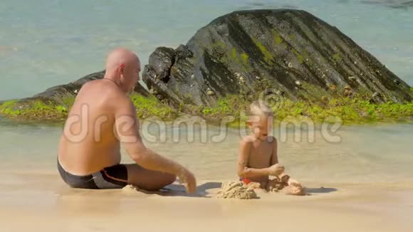 男孩和父亲在异国度假胜地的海边玩湿沙视频的预览图