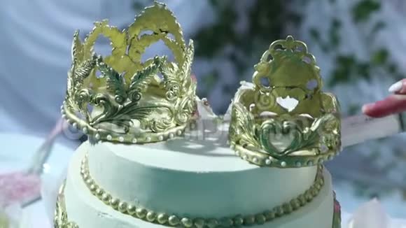 新婚夫妇切蛋糕和客人分享结婚蛋糕视频的预览图