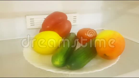 打开空冰箱在一个白色的盘子里放着蔬菜和水果吃素午餐概念合理视频的预览图