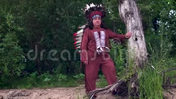 古老的美洲印第安人站在一棵干树旁边森林的背景视频的预览图