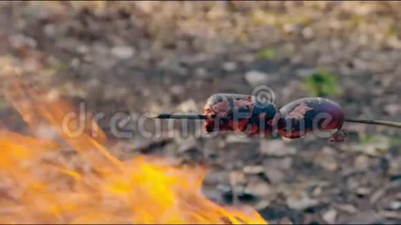 游客烤香肠在棍子上柴火燃烧特写每天篝火煤点燃火花神奇的质量火视频的预览图