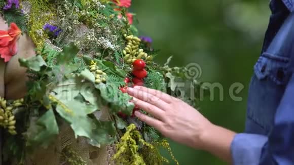 欣赏绿叶和花朵与森林中的大自然母亲联系视频的预览图