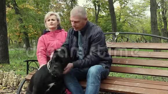 在秋高气爽的日子里一对美丽的年轻男女和他心爱的大黑狗品种甘蔗科索在公园里休息视频的预览图