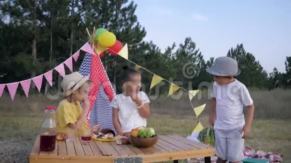 有趣的孩子小男孩带着西瓜给女性朋友在森林聚会野餐时的背景视频的预览图
