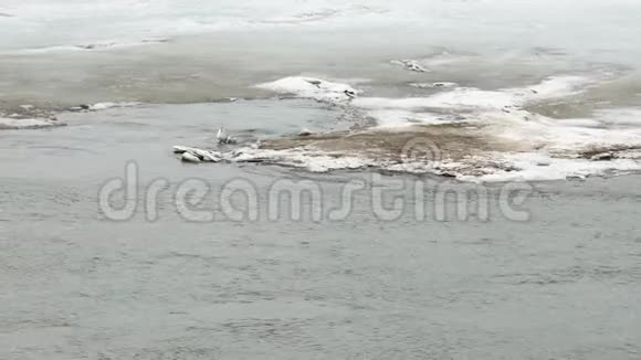 在冰的背景上流动的水春江视频的预览图