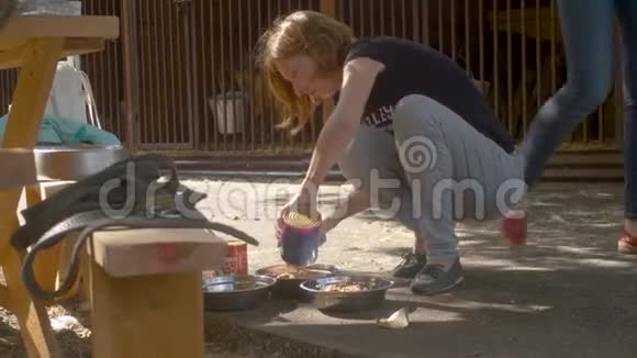 女人把狗食物放进碗里视频的预览图
