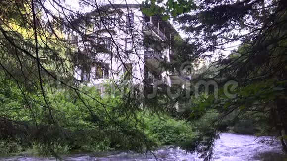 废弃的房屋和溪流在美丽的绿色哈兹山林夏季景观与树木前景德国视频的预览图