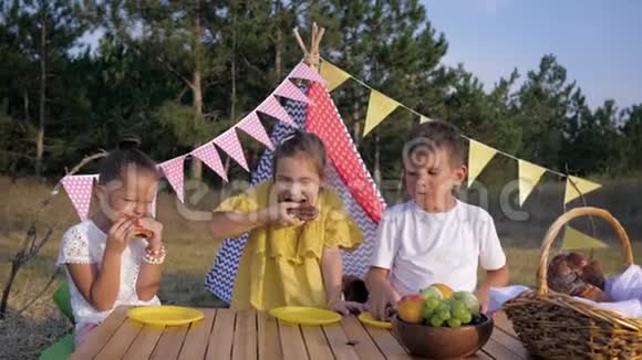 饥肠辘辘的孩子们滑稽的孩子们午餐吃甜烤的食物在树林里野餐背景是假发视频的预览图