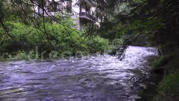 在美丽的哈兹山林中的粗糙的水流和房屋视频的预览图