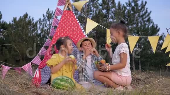 美丽的小女孩对待饥饿的孩子与季节性水果杜林野餐森林wigwam背景视频的预览图