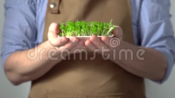 穿着棕色围裙的人在他面前拿出一碗微绿色的芽视频的预览图