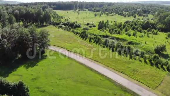 空中飞越公路通往夏天的乡村家园阳光明媚的一天视频的预览图