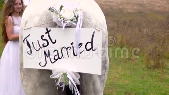 刚结婚的新娘和新郎站在马旁手里拿着刚结婚的铭文视频的预览图