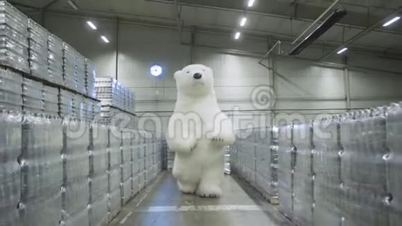 巨型木偶北极熊快乐地穿过一个啤酒仓库的领土在大量的啤酒箱中视频的预览图