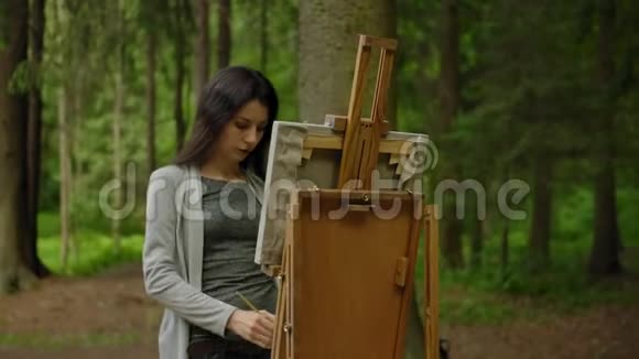 一个穿休闲服装的漂亮女孩在画架上画风景的肖像视频的预览图