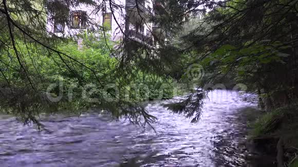 在美丽的哈兹山林中的粗糙的水流和房屋视频的预览图