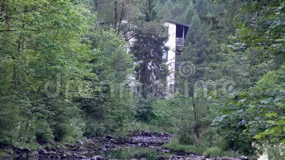 废弃的房屋和溪流在美丽的绿色哈兹山林夏季景观与树木前景德国视频的预览图