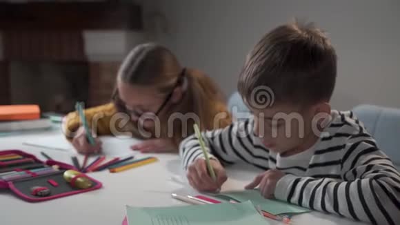 小白种人男孩和他的同学坐在一起写在练习本里说话两名同学视频的预览图