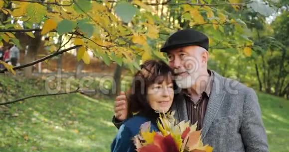 快乐的高年级夫妻拥抱在树枝下在舒适的公园里享受温暖阳光明媚的秋天慢动作视频的预览图