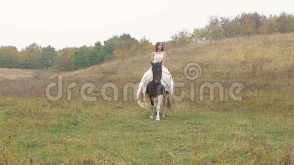 穿着邋遢衣服的红发女孩骑着马在田野上视频的预览图