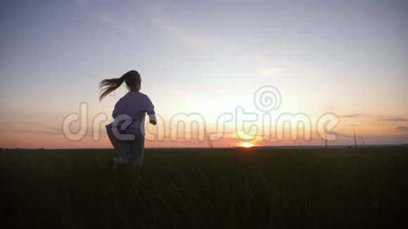 日落时分小女孩正在草地上奔跑童年梦想的概念或前进的愿望视频的预览图