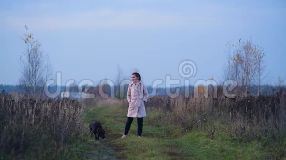 秋天的傍晚女孩和她的狗在乡间小路上散步视频的预览图