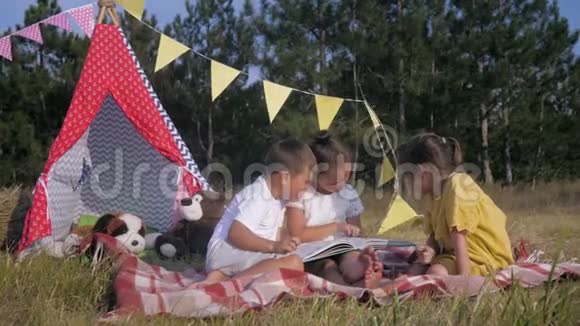 快乐的孩子在大自然中享受乐趣为孩子们阅读令人兴奋的书在大自然中放松在森林中放松视频的预览图