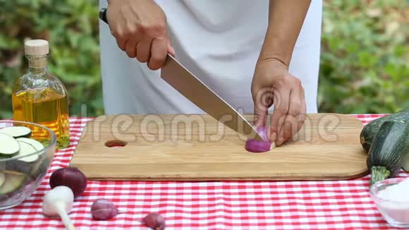 女厨师用木板切红洋葱视频的预览图