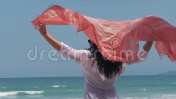 年轻女孩在海滩上散步抱着圣骑士跑到海里旅行的概念海浪在海上休息视频的预览图