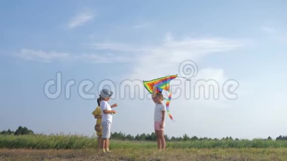 朋友关系可爱的孩子们一起放风筝在森林的小路上玩游戏在大自然中放松视频的预览图