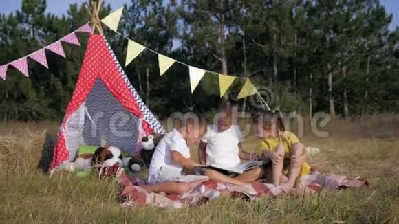 快乐的时光孩子们迷人的孩子们快乐地拍手在夏天的周末野餐时喝牛奶视频的预览图