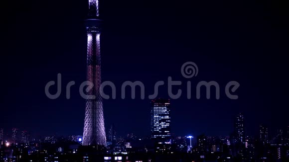 东京中景城市东京天空之树的一个夜间时间视频的预览图